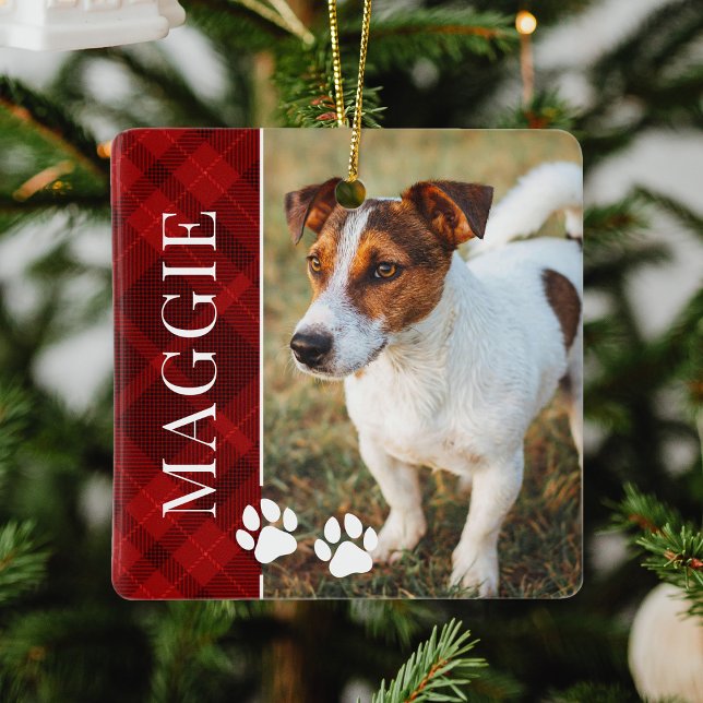 Elegant Red Plaid Pet Name and Photo Ceramic Ornament (Creator Uploaded)
