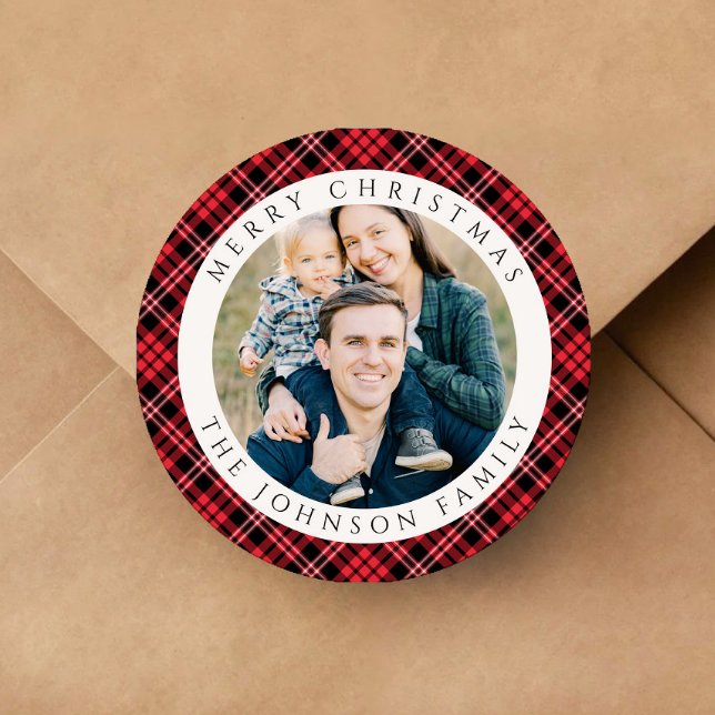 Elegant Red Plaid Photo Christmas Classic Round Sticker (Elegant Red Plaid Photo Christmas Classic Round Sticker)