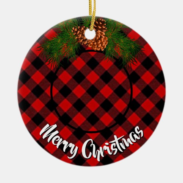 Elegant red plaid pinecone photo template ceramic ornament (Front)