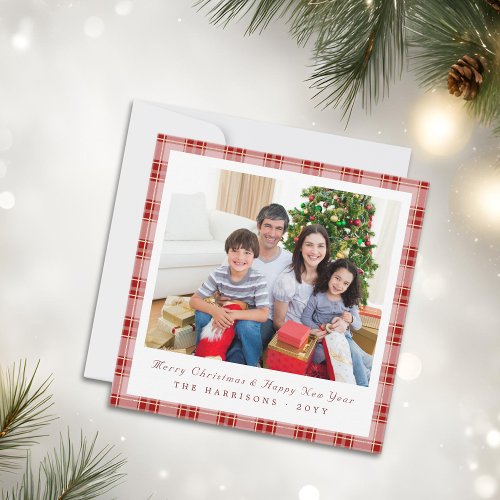 Elegant Red Plaid Square Christmas Photo Card