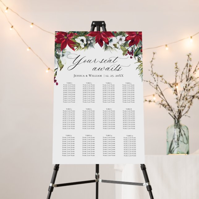 Elegant Red Poinsettia 12 Tables SEATING CHART Foam Board (In Situ (Stand))