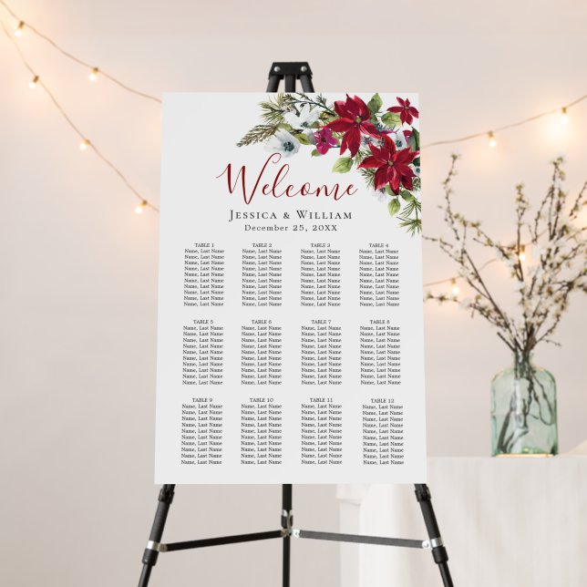 Elegant Red Poinsettia 12 Tables SEATING CHART Foam Board (In Situ (Stand))