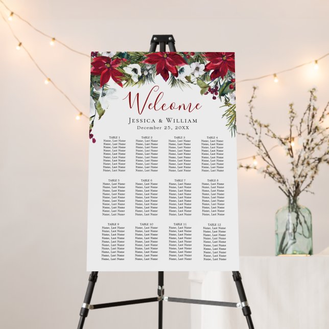 Elegant Red Poinsettia 12 Tables SEATING CHART Foam Board (In Situ (Stand))