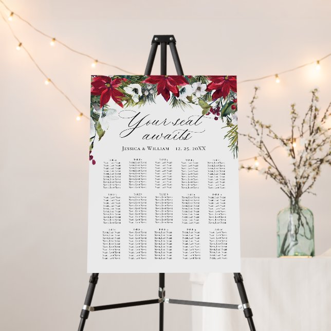 Elegant Red Poinsettia 15 Tables SEATING CHART Foam Board (In Situ (Stand))