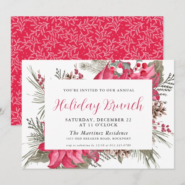Elegant Red Poinsettia Botanical Holiday Brunch  Invitation (Front/Back)