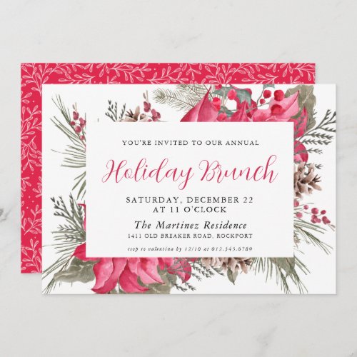 Elegant Red Poinsettia Botanical Holiday Brunch  Invitation