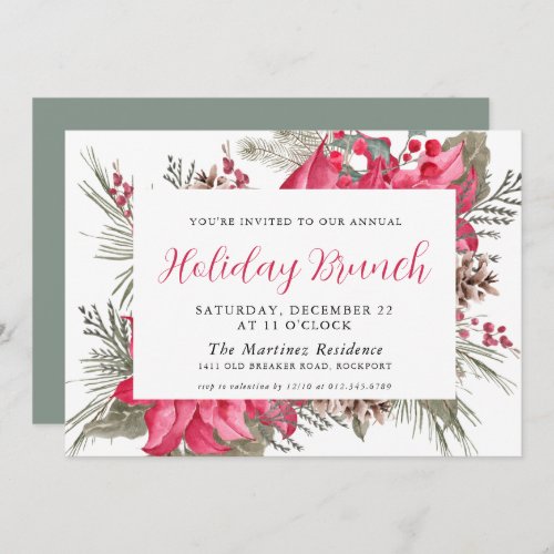 Elegant Red Poinsettia Botanical Holiday Brunch Invitation