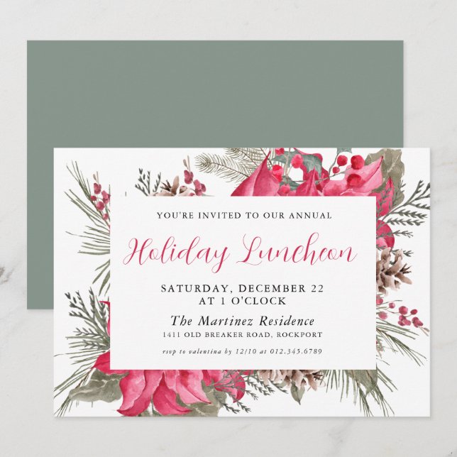 Elegant Red Poinsettia Botanical Holiday Luncheon Invitation (Front/Back)