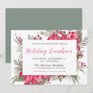 Elegant Red Poinsettia Botanical Holiday Luncheon Invitation