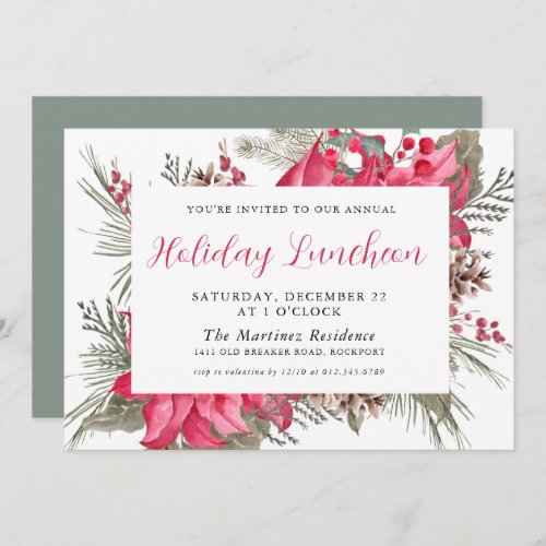 Elegant Red Poinsettia Botanical Holiday Luncheon Invitation