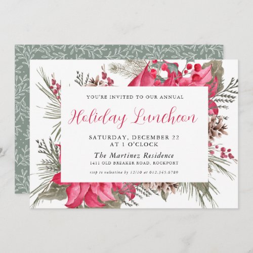 Elegant Red Poinsettia Botanical Holiday Luncheon Invitation