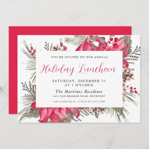 Elegant Red Poinsettia Botanical Holiday Luncheon Invitation