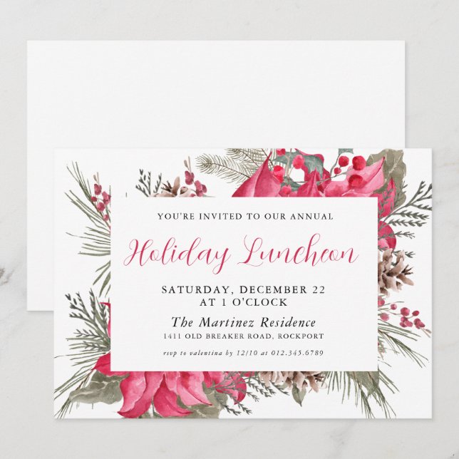 Elegant Red Poinsettia Botanical Holiday Luncheon Invitation (Front/Back)