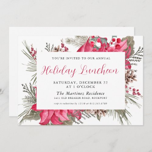 Elegant Red Poinsettia Botanical Holiday Luncheon Invitation