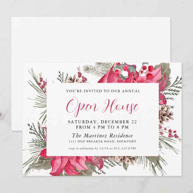Elegant Red Poinsettia Botanical Open House Invitation (Front/Back)