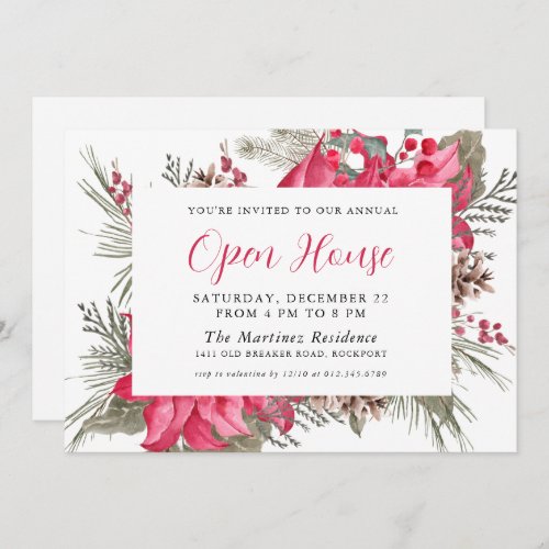 Elegant Red Poinsettia Botanical Open House Invitation