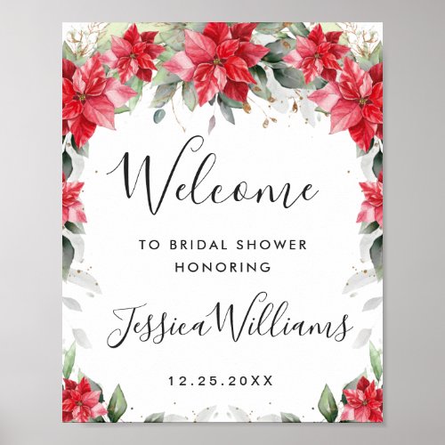 Elegant Red Poinsettia BRIDAL SHOWER Welcome Poster