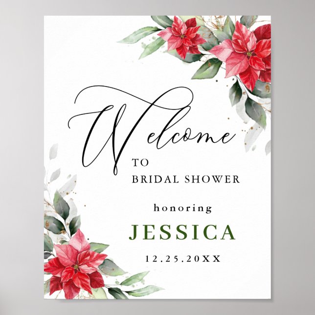 Elegant Red Poinsettia BRIDAL SHOWER Welcome Poster (Front)