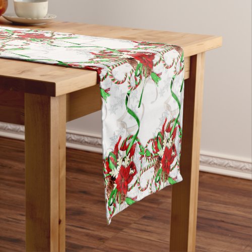 Elegant  Red Poinsettia Candy Canes and Snowflakes Short Table Runner