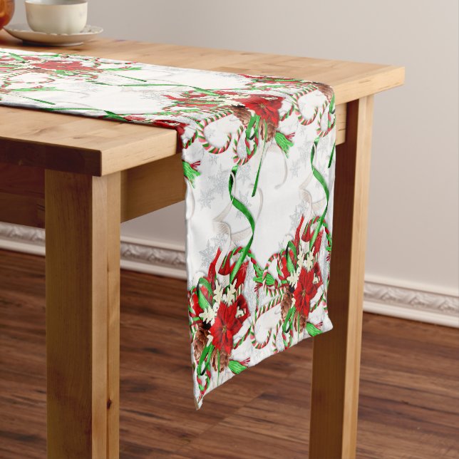 Elegant  Red Poinsettia Candy Canes and Snowflakes Short Table Runner (In Situ)