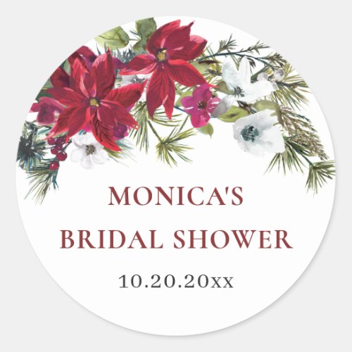 Elegant Red Poinsettia Christmas Bridal Shower Classic Round Sticker