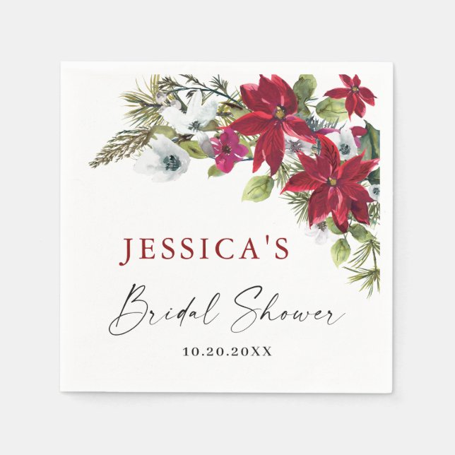 Elegant Red Poinsettia Christmas Bridal Shower Napkins (Front)