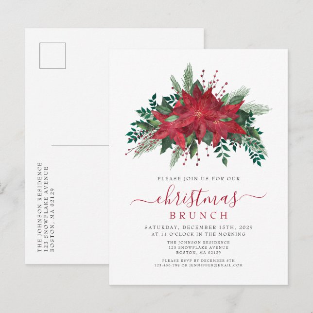 Elegant Red Poinsettia Christmas Brunch Invitation Postcard (Front/Back)