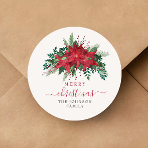 Elegant Red Poinsettia Christmas Classic Round Sticker