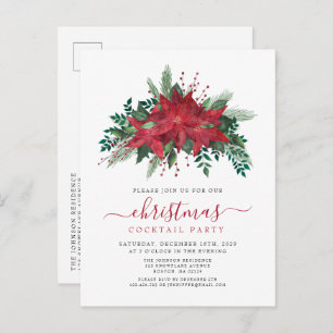 Elegant Red Poinsettia Christmas Cocktail Party Invitation Postcard