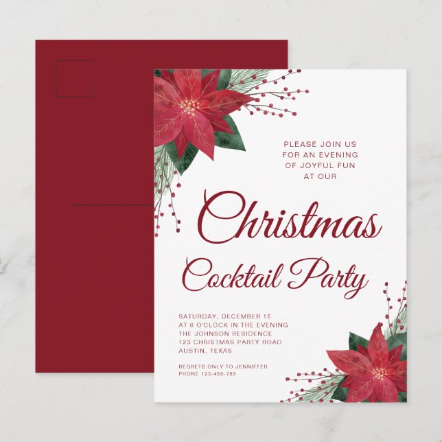 Elegant Red Poinsettia Christmas Cocktail Party Postcard (Front/Back)