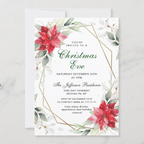 Elegant Red Poinsettia Christmas Eve Holiday Party Invitation