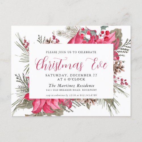 Elegant Red Poinsettia Christmas Eve Invitation Postcard