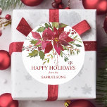 Elegant Red Poinsettia Christmas Happy Holidays Classic Round Sticker<br><div class="desc">Lovely festive stickers / seals with hand painted watercolor poinsettia bouquet flowers and holly in green and deep red berry colors. Easy to edit by adding your text. HAPPY HOLIDAYS or MERRY CHRISTMAS . Add these to your family and friend gifts during the holiday season. Get matching items in collection!...</div>
