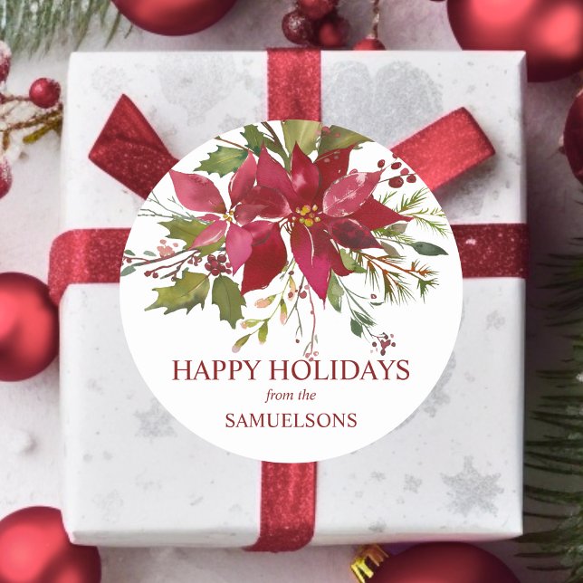 Elegant Red Poinsettia Christmas Happy Holidays Classic Round Sticker (Watercolor Red Poinsettia Christmas Happy Holidays Classic Round Sticker)
