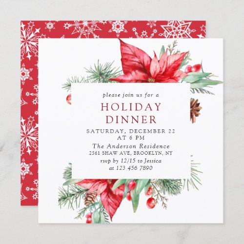 Elegant Red Poinsettia Christmas Holiday Dinner Invitation