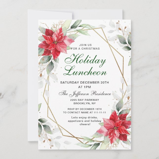 Elegant Red Poinsettia Christmas Holiday Luncheon Invitation (Front)