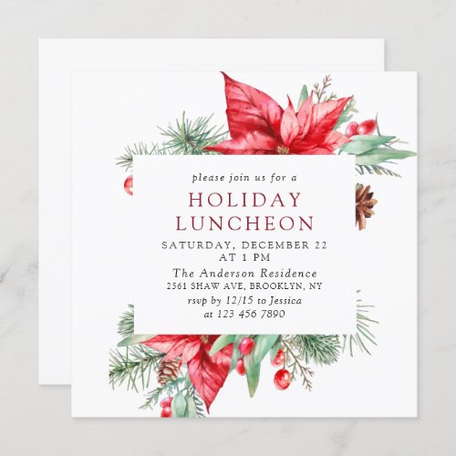 Elegant Red Poinsettia Christmas HOLIDAY LUNCHEON Invitation