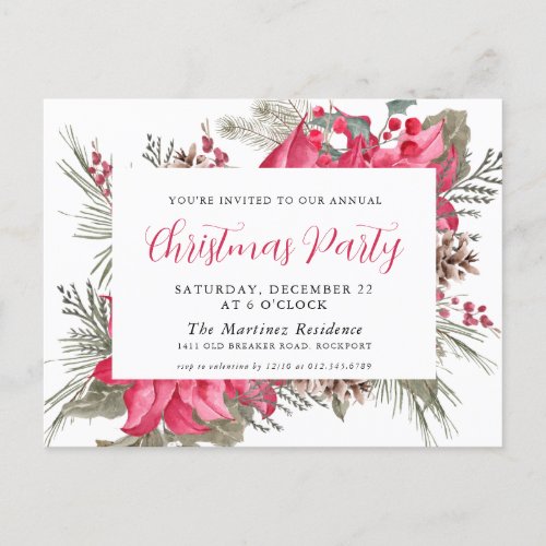 Elegant Red Poinsettia Christmas Party Invitation Postcard