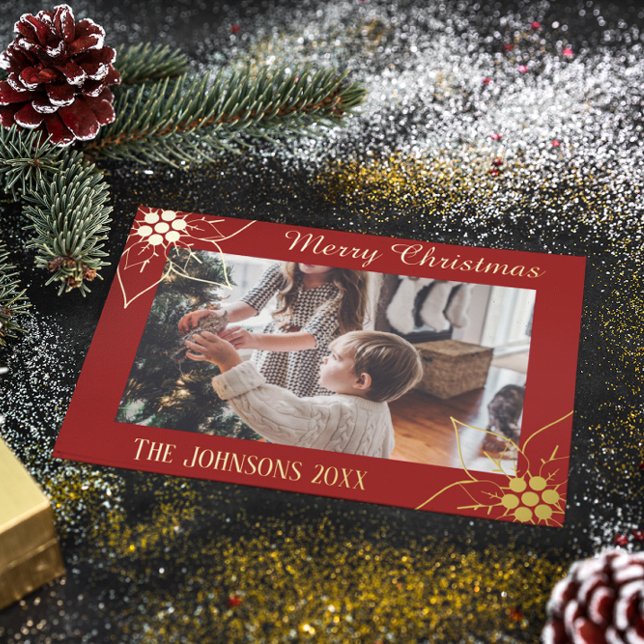 Elegant Red Poinsettia Christmas Photo Foil Holiday Card (Creator Uploaded)