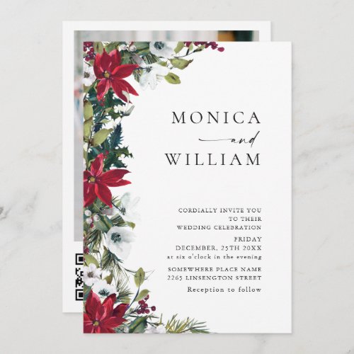 Elegant Red Poinsettia Christmas Photo Wedding Invitation