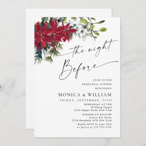 Elegant Red Poinsettia Christmas Rehearsal Dinner Invitation