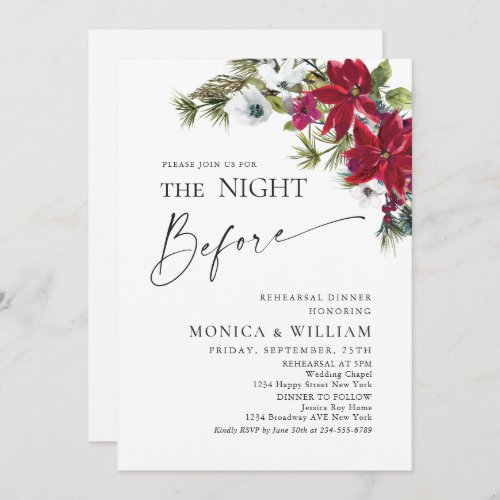 Elegant Red Poinsettia Christmas Rehearsal Dinner Invitation