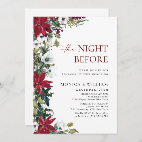 Elegant Red Poinsettia Christmas Rehearsal Dinner Invitation