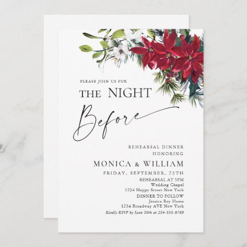 Elegant Red Poinsettia Christmas Rehearsal Dinner Invitation