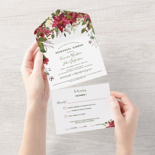 Elegant Red Poinsettia Christmas Reheasal Dinner All In One Invitation