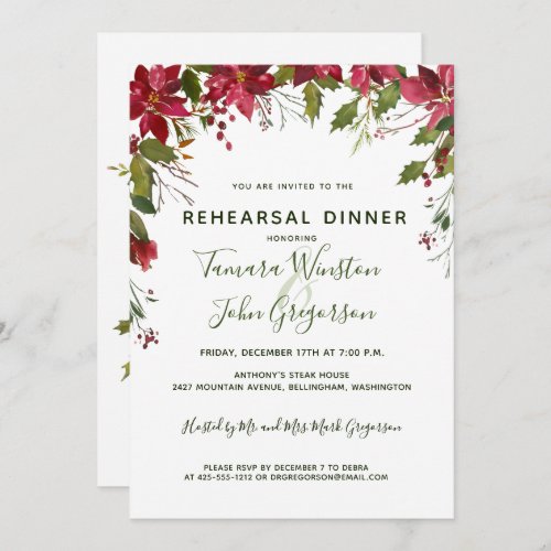 Elegant Red Poinsettia Christmas Reheasal Dinner Invitation