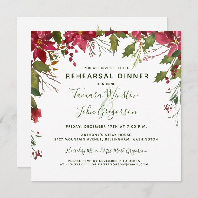 Elegant Red Poinsettia Christmas Reheasal Dinner Invitation (Front/Back)