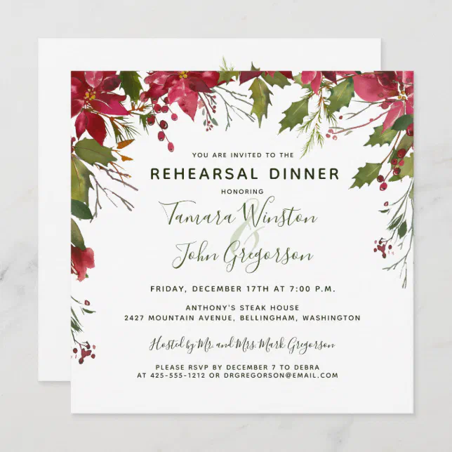 Elegant Red Poinsettia Christmas Reheasal Dinner Invitation | Zazzle