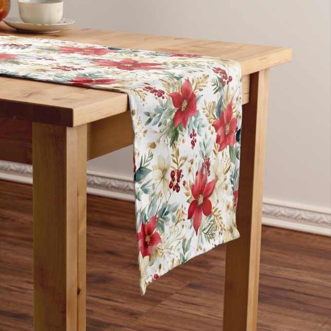 Elegant Red Poinsettia Christmas Short Table Runner (In Situ)