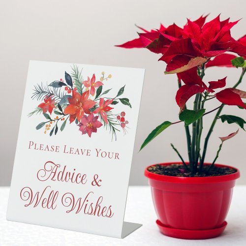 Elegant Red Poinsettia Christmas Wedding Advice Pedestal Sign